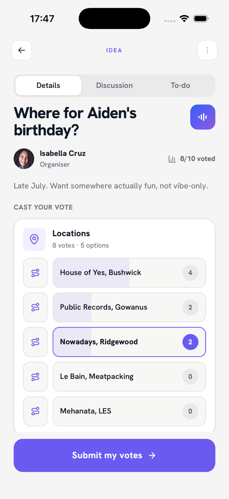 Voting on an idea