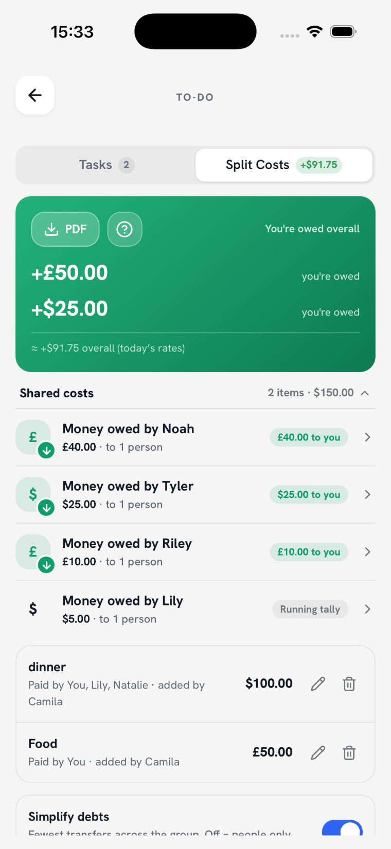 Split costs between friends